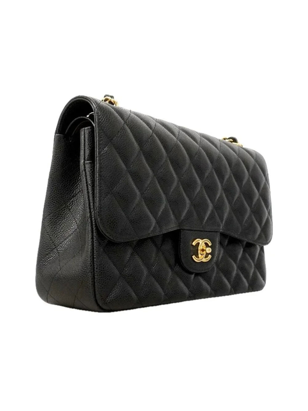 Chanel Shoulder Bag Maxi Quilted Caviar Leather Black Gold
